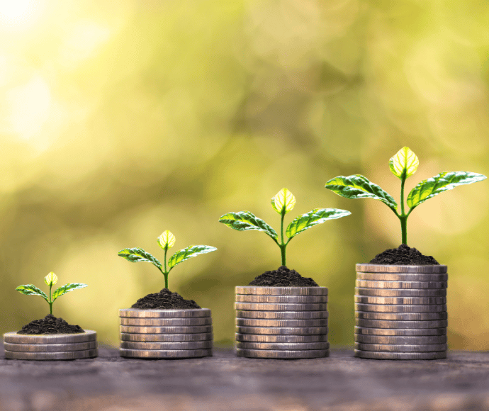 Growing stacks of coins with plants on top showing interest earned